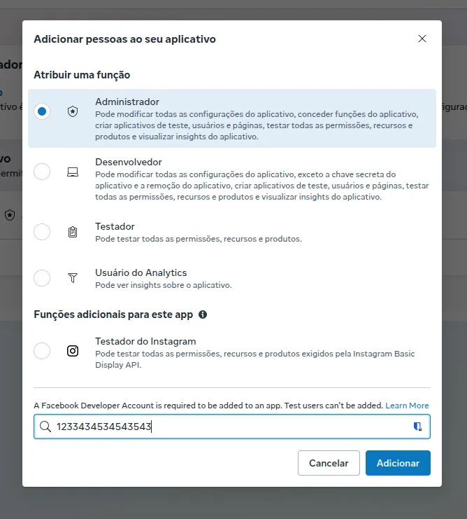 Janela “Adicionar pessoas ao seu aplicativo”, com a função Administrador selecionada e o campo do ID do perfil