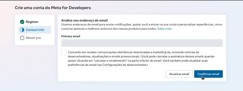 Tela “Analise seu endereço de email” do Meta for Developers, com o botão Confirmar email