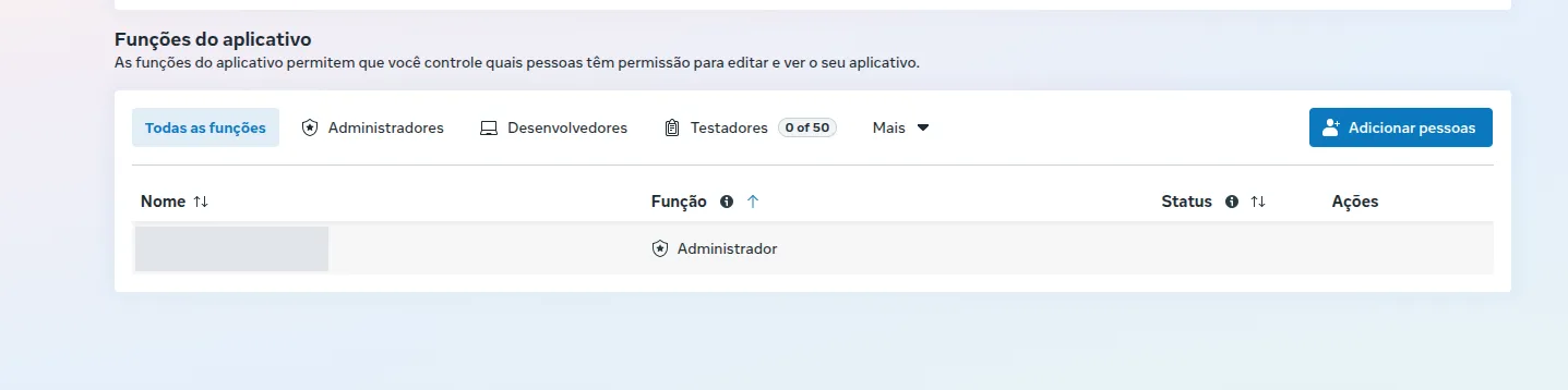 Seção “Funções do aplicativo”, com as abas Administradores, Desenvolvedores e Testadores e o botão Adicionar pessoas