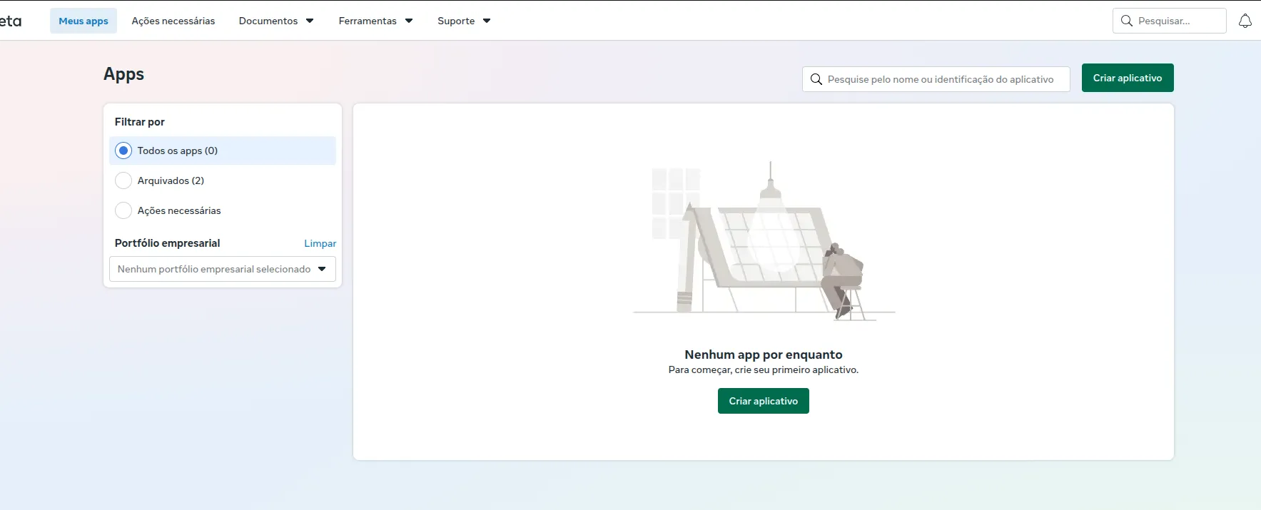 Painel “Apps” do Meta for Developers sem restrições, com o botão Criar aplicativo