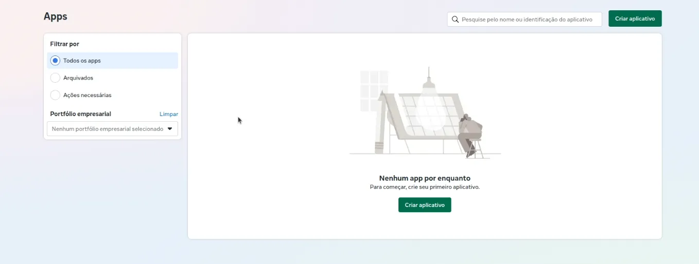 Painel de Apps do Meta for Developers, ainda sem nenhum app, com o botão Criar aplicativo