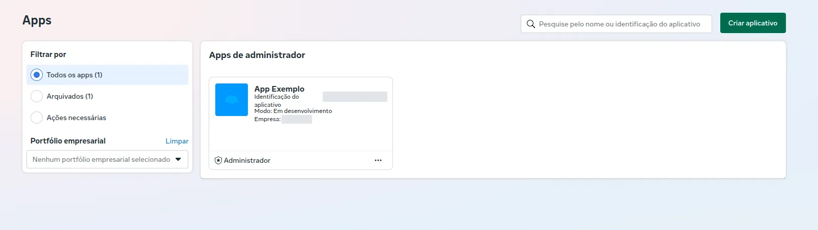 Painel de Apps do Meta for Developers com um app de exemplo em “Apps de administrador”