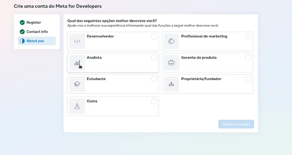Tela “Qual das seguintes opções melhor descreve você?”, com a opção Desenvolvedor
