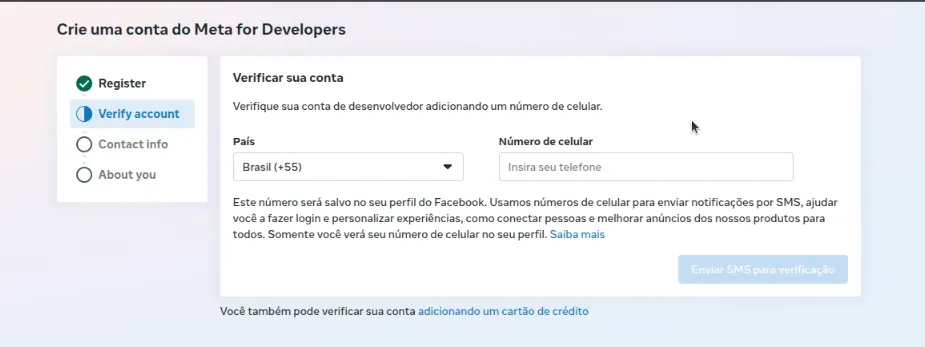 Tela “Verificar sua conta” do Meta for Developers, com os campos País e Número de celular
